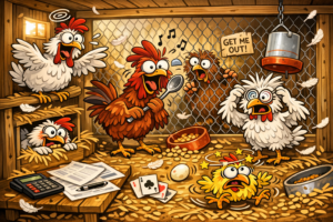 cartoon of shack wacky chickens