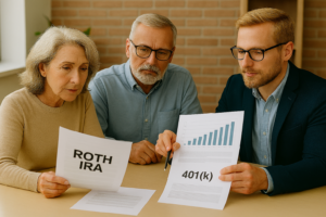 couple doing retirement tax planning with advisor